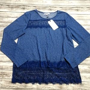 Women's Large Sensemill Blue Long Sleeve Blouse With Lace Detail NEW W. Tag!